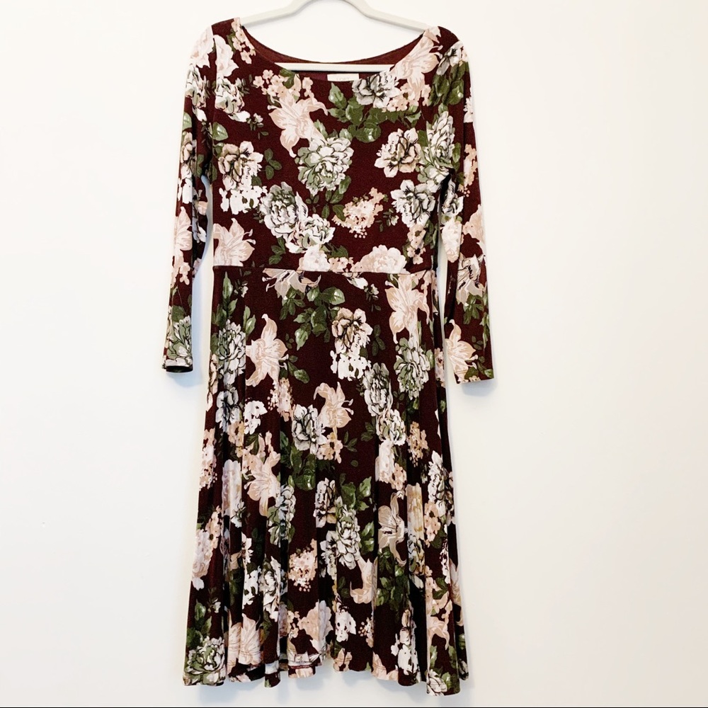 🍂🍁✨Loft Maroon Floral Fit & Flare Midi Dress M